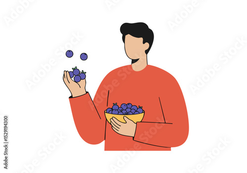 A man holds a bowl of blueberries, scattering a few as he smiles. A vibrant, modern illustration style. Perfect for health, wellness, or food-related content.