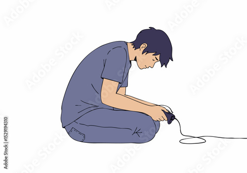 A young man intensely plays a video game, hunched over with a controller. The image conveys a focused, solitary gaming habit.  Clean, minimalist style.
