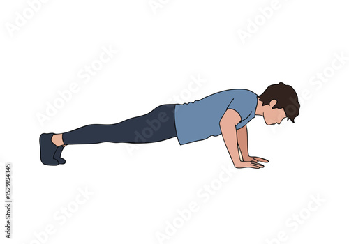 A young man performs a push-up exercise. Clean lines, simple illustration style. Focus on fitness and healthy habits. Suitable for health and wellness content.