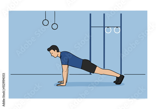 A man performs a burpee against a pull-up bar. Clean, minimalist illustration showcasing a fitness exercise. Clear visual guide for beginners.