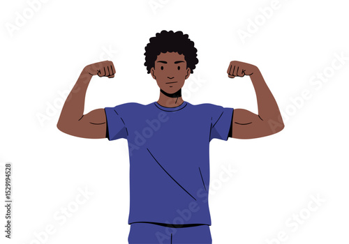A muscular young man flexes his arms, showcasing strength and fitness. He wears a blue t-shirt and pants. Bold, graphic style. Perfect for health and wellness campaigns.