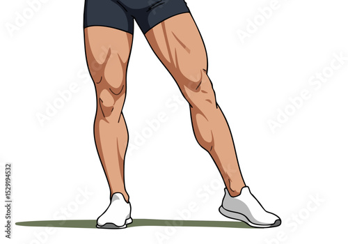 Muscular male legs in athletic shorts, showcasing defined quadriceps. Dynamic pose, studio lighting, modern illustration style. Ideal for fitness and health content.
