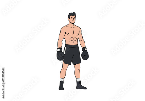 A muscular boxer stands confidently in boxing shorts and gloves. Clean, graphic illustration style. Ideal for fitness, sports, and training concepts.