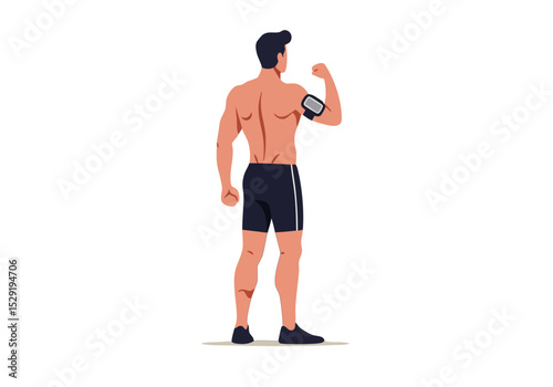 A muscular man runs, wearing shorts and a smartwatch. He?s fit and active, showcasing a healthy lifestyle. Modern illustration style.