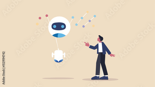 Illustration of a man pointing towards a floating robot with colorful data points nearby in a beige scene