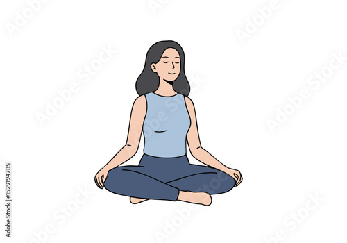 A serene woman practices mindful breathing in a seated lotus pose. Soft colors and a simple background evoke calm and well-being. Ideal for health & wellness content.