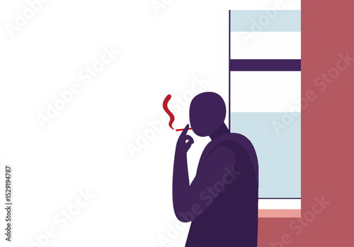 Silhouette of a man taking a smoke break by a window. Bold color contrast, minimalist style. ?Smoke Break? text overlay.