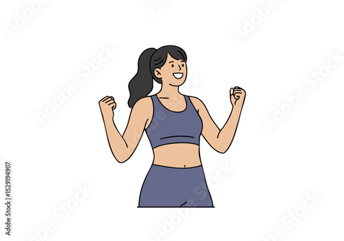 A smiling woman celebrates a workout win, arms raised in victory. Clean, modern illustration style. Perfect for fitness and motivation content.