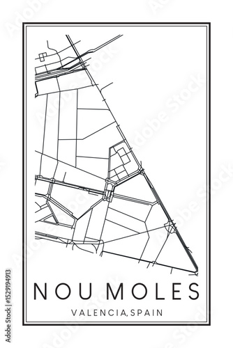 Hand drawn printable downtown road map poster of district NOU MOLES of the Spanish city of VALENCIA on solid white background with city name