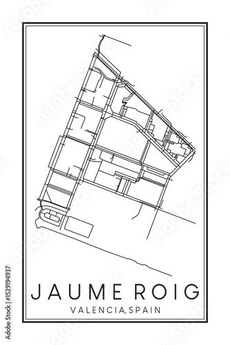 Hand drawn printable downtown road map poster of district JAUME ROIG of the Spanish city of VALENCIA on solid white background with city name
