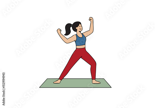 A woman confidently performs a yoga pose on a mat, radiating success. Simple, modern illustration style. Positive and energetic.
