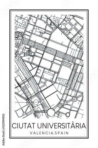 Hand drawn printable downtown road map poster of district CIUTAT UNIVERSITÀRIA of the Spanish city of VALENCIA on solid white background with city name