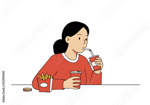 A woman enjoys a casual moment with fries and a drink, illustrating a relatable junk habit. Simple, modern illustration style.