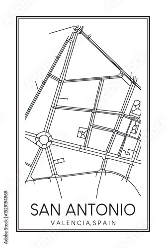 Hand drawn printable downtown road map poster of district SAN ANTONIO of the Spanish city of VALENCIA on solid white background with city name