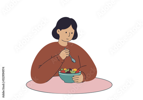 A woman enjoys a fresh fruit salad, showcasing a healthy habit. Simple, modern illustration with a soft color palette. Ideal for wellness and lifestyle content.