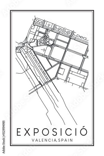 Hand drawn printable downtown road map poster of district EXPOSICIÓ of the Spanish city of VALENCIA on solid white background with city name