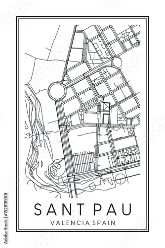 Hand drawn printable downtown road map poster of district SANT PAU of the Spanish city of VALENCIA on solid white background with city name
