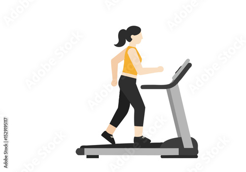 A woman strides on a treadmill, starting her workout. Bold graphic design with a vibrant red background. Focus on action and motivation.