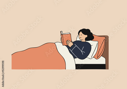 A woman relaxes with a book in bed, peacefully sleeping. Soft colors and a cozy setting evoke tranquility and rest. Perfect for wellness and relaxation themes.