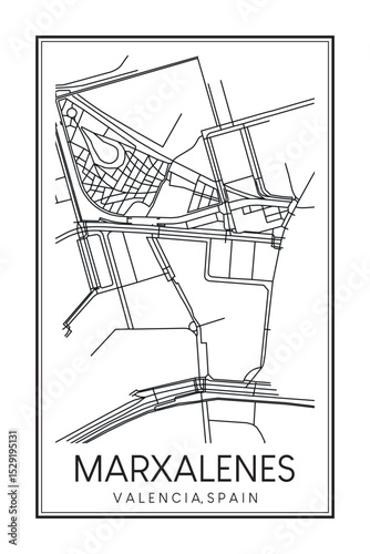 Hand drawn printable downtown road map poster of district MARXALENES of the Spanish city of VALENCIA on solid white background with city name