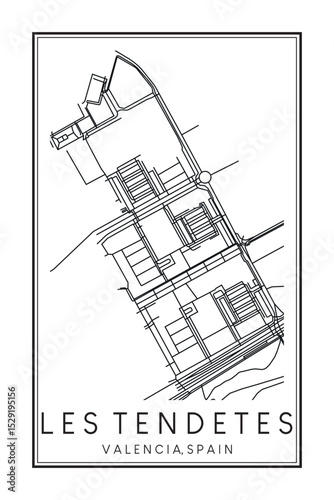 Hand drawn printable downtown road map poster of district LES TENDETES of the Spanish city of VALENCIA on solid white background with city name