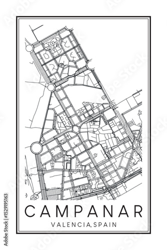 Hand drawn printable downtown road map poster of district CAMPANAR of the Spanish city of VALENCIA on solid white background with city name