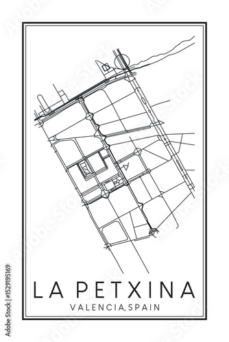Hand drawn printable downtown road map poster of district LA PETXINA of the Spanish city of VALENCIA on solid white background with city name