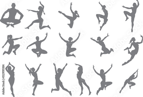 A collection of vector silhouettes featuring women in various elegant ballet, yoga, and fitness poses. Perfect for wellness branding, dance studios, workout infographics, and minimalist design project