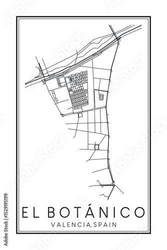 Hand drawn printable downtown road map poster of district EL BOTÁNICO of the Spanish city of VALENCIA on solid white background with city name