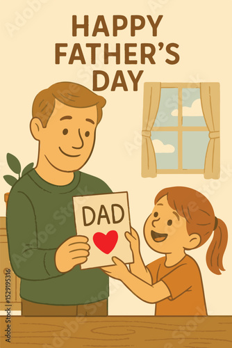 A heartwarming Father’s Day illustration featuring a smiling daughter giving a handmade card to her dad indoors. Perfect for greeting cards, family content, parenting themes, and celebration visuals.