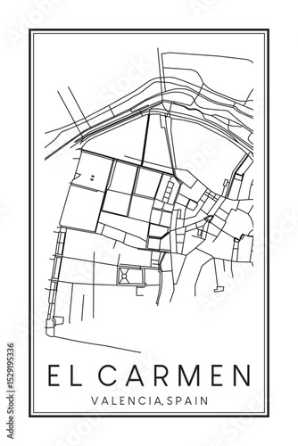 Hand drawn printable downtown road map poster of district EL CARMEN of the Spanish city of VALENCIA on solid white background with city name