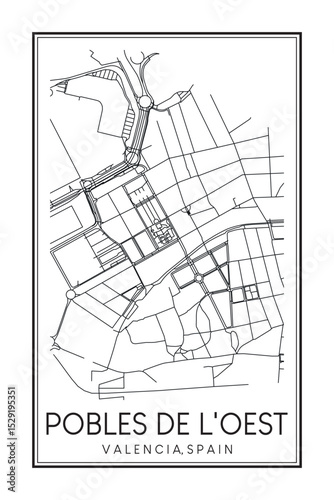 Hand drawn printable downtown road map poster of district POBLES DE L'OEST of the Spanish city of VALENCIA on solid white background with city name