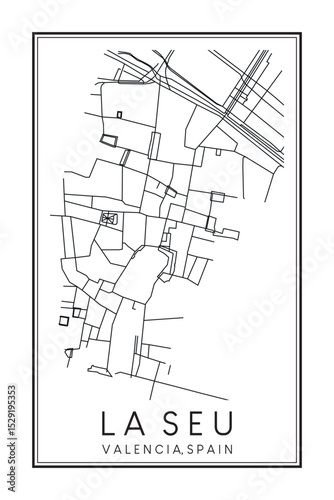 Hand drawn printable downtown road map poster of district LA SEU of the Spanish city of VALENCIA on solid white background with city name