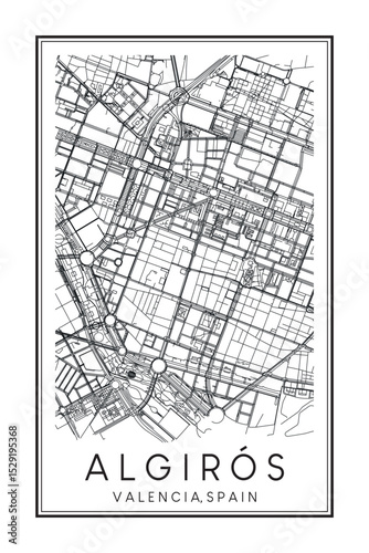 Hand drawn printable downtown road map poster of district ALGIRÓS of the Spanish city of VALENCIA on solid white background with city name