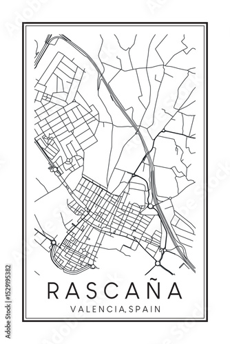 Hand drawn printable downtown road map poster of district RASCAÑA of the Spanish city of VALENCIA on solid white background with city name