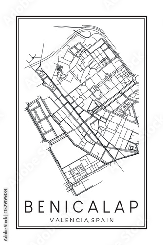 Hand drawn printable downtown road map poster of district BENICALAP of the Spanish city of VALENCIA on solid white background with city name