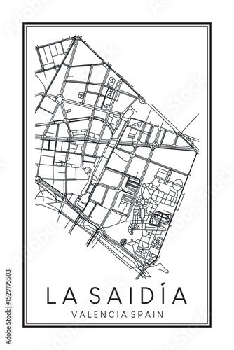 Hand drawn printable downtown road map poster of district LA SAIDÍA of the Spanish city of VALENCIA on solid white background with city name