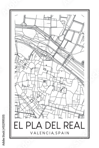 Hand drawn printable downtown road map poster of district EL PLA DEL REAL of the Spanish city of VALENCIA on solid white background with city name