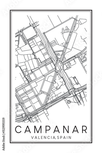 Hand drawn printable downtown road map poster of district CAMPANAR of the Spanish city of VALENCIA on solid white background with city name