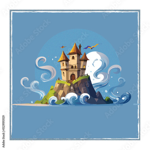 Wizard's lair rising high above the ground with swirling mist and ancient symbols-