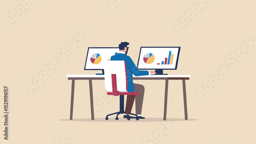 Person working at a desk with two monitors displaying charts and graphs in a modern office setting