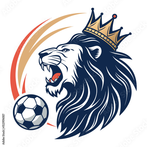 A majestic lion, roaring fiercely, wears a golden crown and clutches a soccer ball.  Its mane is vibrant.