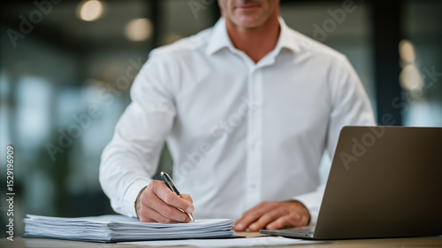 Close-up of male executive hand in crisp white shirt stamping official approval on stack of contracts, sleek laptop beside clipboard filled with printed pages in modern corporate o