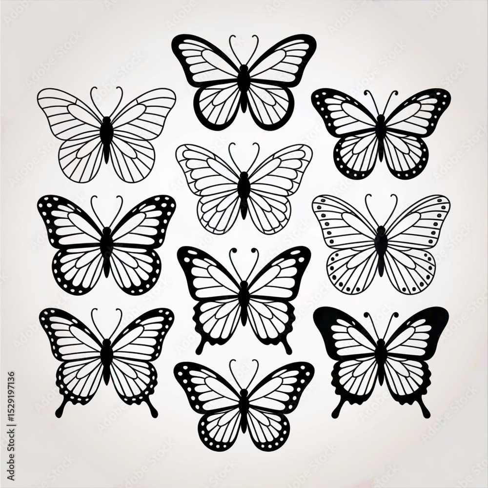 Obraz premium Collection of black and white butterfly illustrations representing nature and elegant design elements