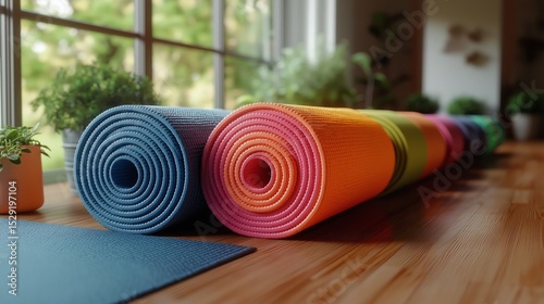 Rolled Yoga Mat Array: A colorful collection of neatly rolled yoga mats sits in a line on a wooden floor next to a window, bathed in the soft light. They are arranged in different colors.