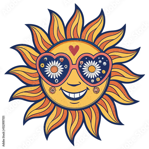A cheerful cartoon sun character smiles broadly, sporting heart-shaped sunglasses and radiating warmth.
