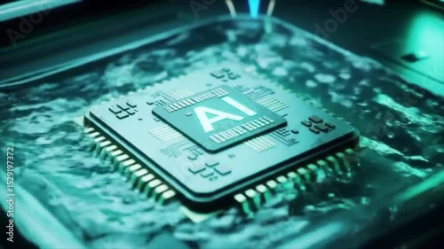 AI Chip Cooled in Liquid Chamber with Glowing Circuit - 3D Animation