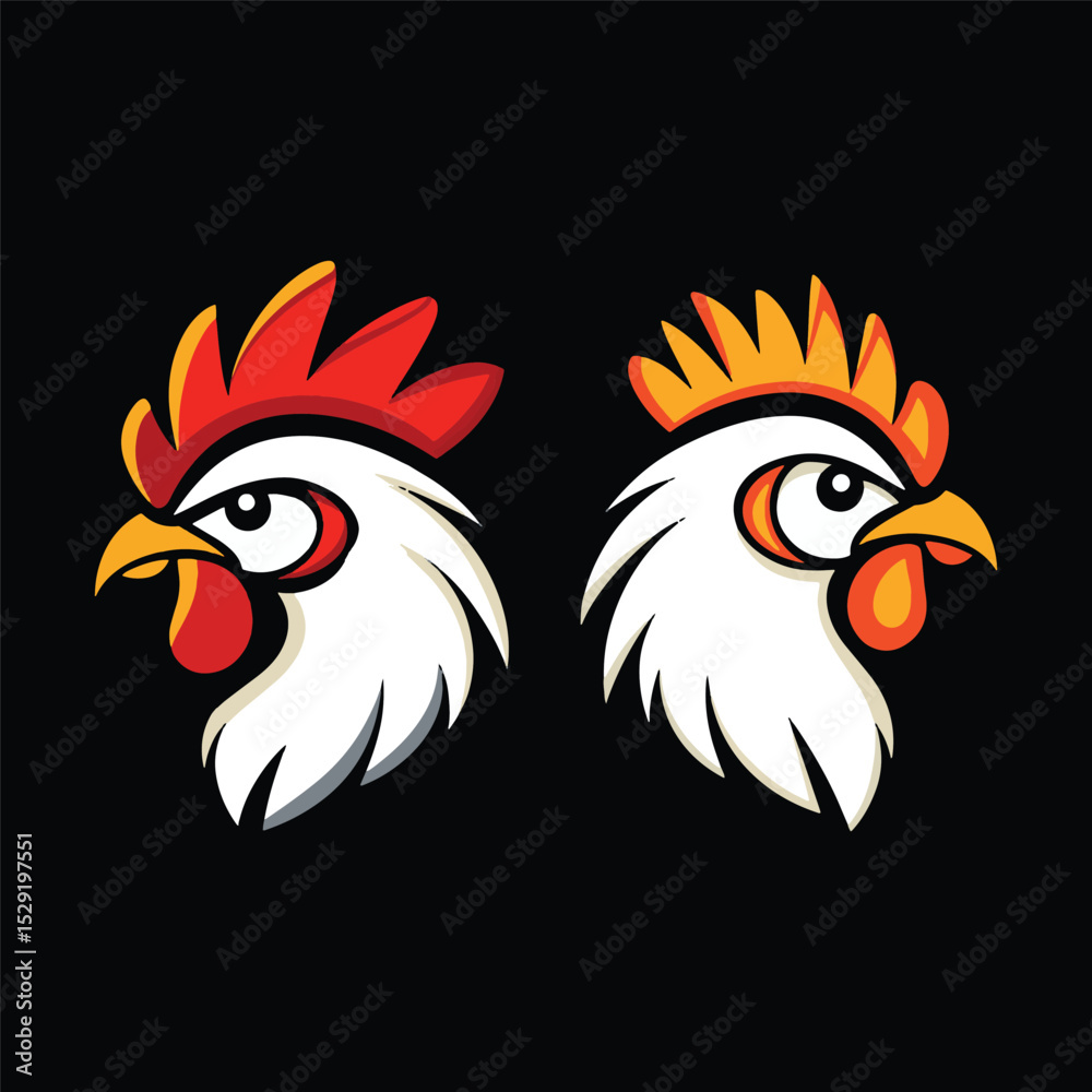 Fototapeta premium Rooster Profile Design: A striking design showcases two rooster profiles, their features and fiery comb, in a bold and minimalist aesthetic. A dynamic illustration.