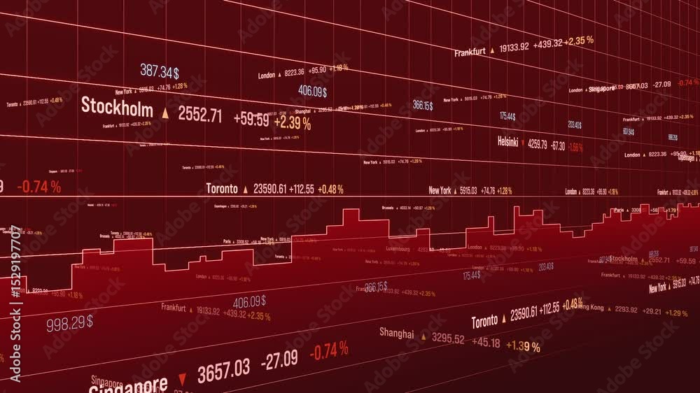 Abstract financial markets animation in red with graph, stock chart, price ticker and market data. Stock market and exchange, invest, banking, trading, risk, volatility. 3D animation