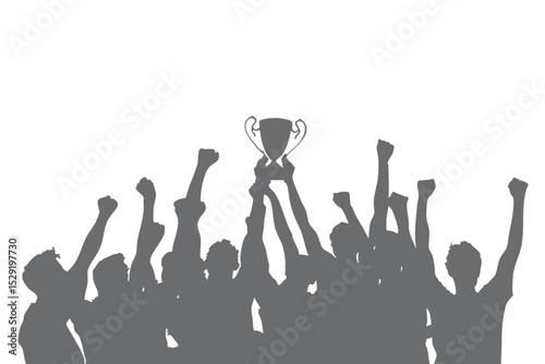 Team vector celebrating victory with passion, lifting the trophy together. Happy, energetic expression, suitable for sports poster design, tournament banner, or team victory motivation illustration.